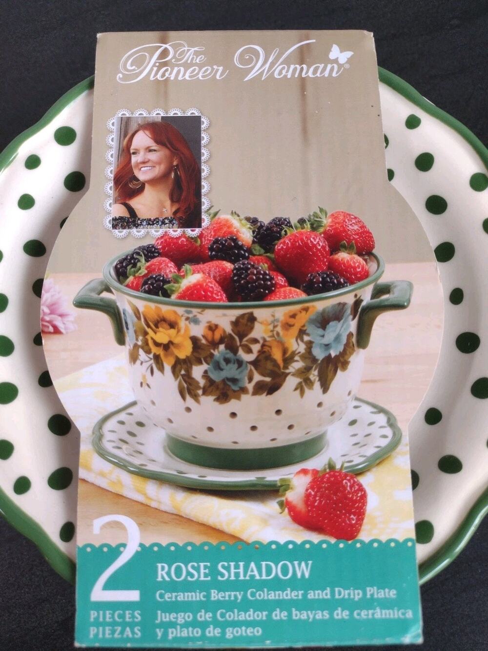 Pioneer Woman Rose Shadow Green Ceramic Berry Colander Strainer with Drip Plate